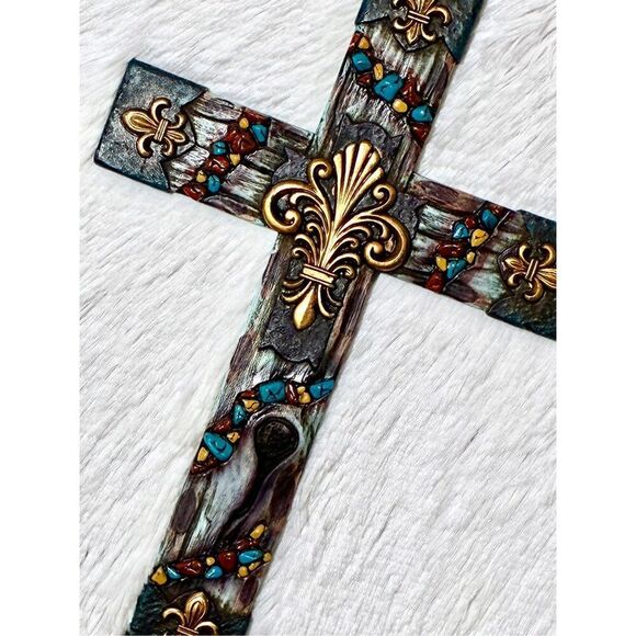 NWOT Montana West 12" Fleur-De-Lis Wood Neutral Stone Wall Cross - Picture 5 of 7
